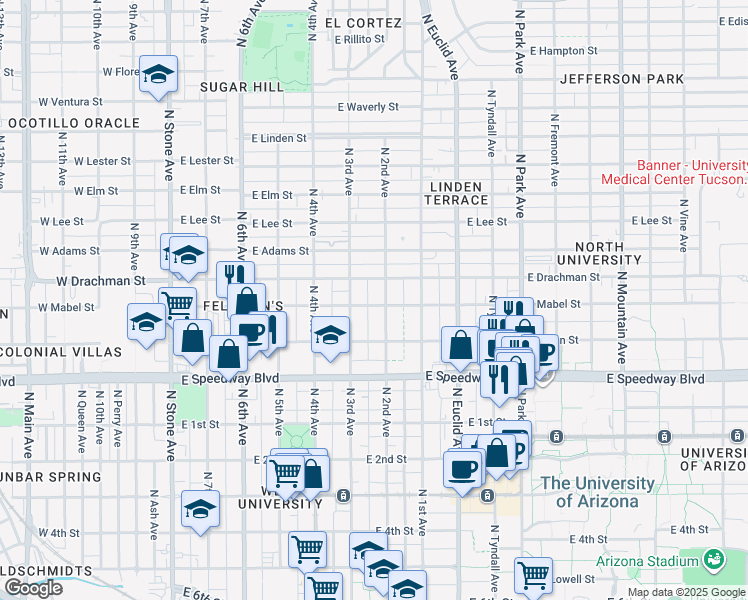 map of restaurants, bars, coffee shops, grocery stores, and more near 533 East Mabel Street in Tucson