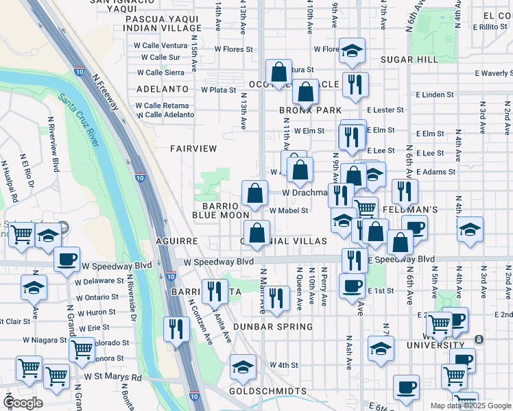 map of restaurants, bars, coffee shops, grocery stores, and more near 1334 North 13th Avenue in Tucson