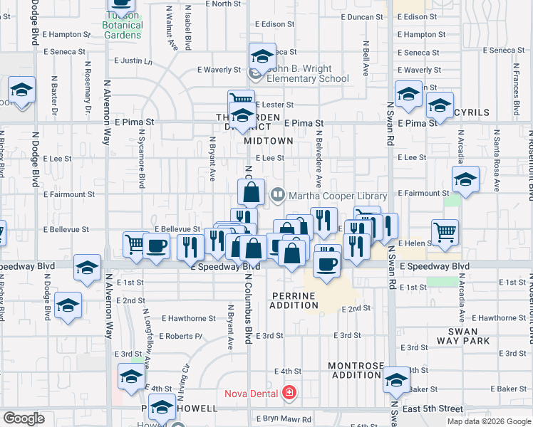 map of restaurants, bars, coffee shops, grocery stores, and more near 4327 East Bellevue Street in Tucson