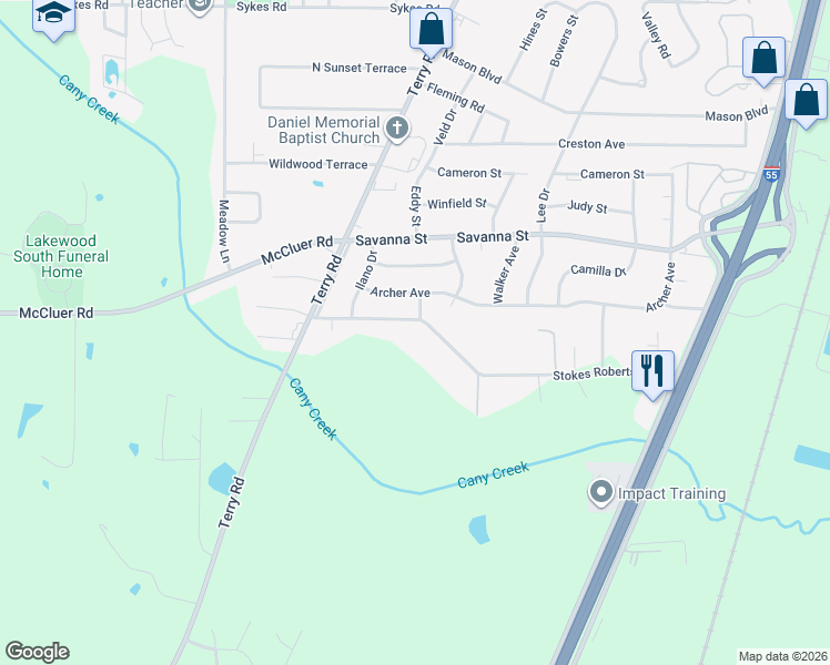 map of restaurants, bars, coffee shops, grocery stores, and more near 145 Stokes Robertson Road in Jackson