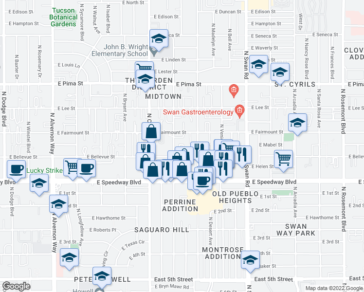 map of restaurants, bars, coffee shops, grocery stores, and more near 4466 East Fairmount Street in Tucson