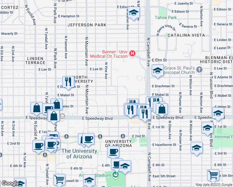 map of restaurants, bars, coffee shops, grocery stores, and more near 1528 East Drachman Street in Tucson