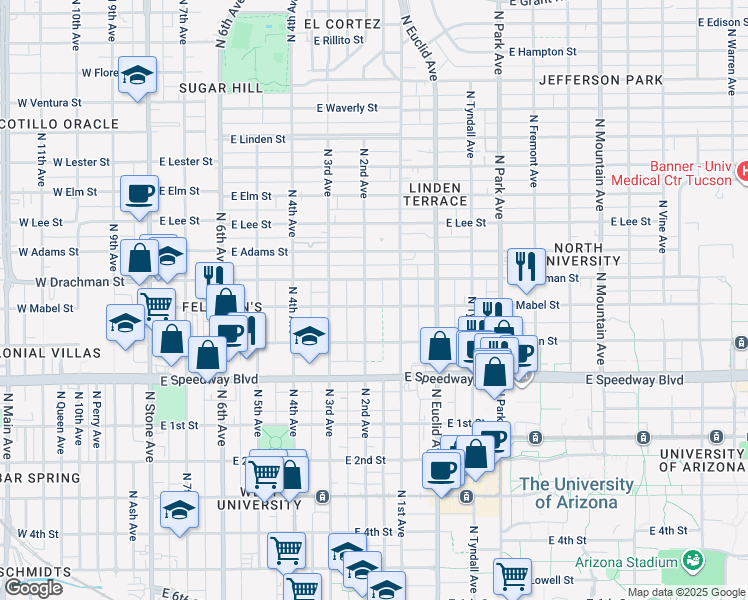 map of restaurants, bars, coffee shops, grocery stores, and more near 1336 North 2nd Avenue in Tucson