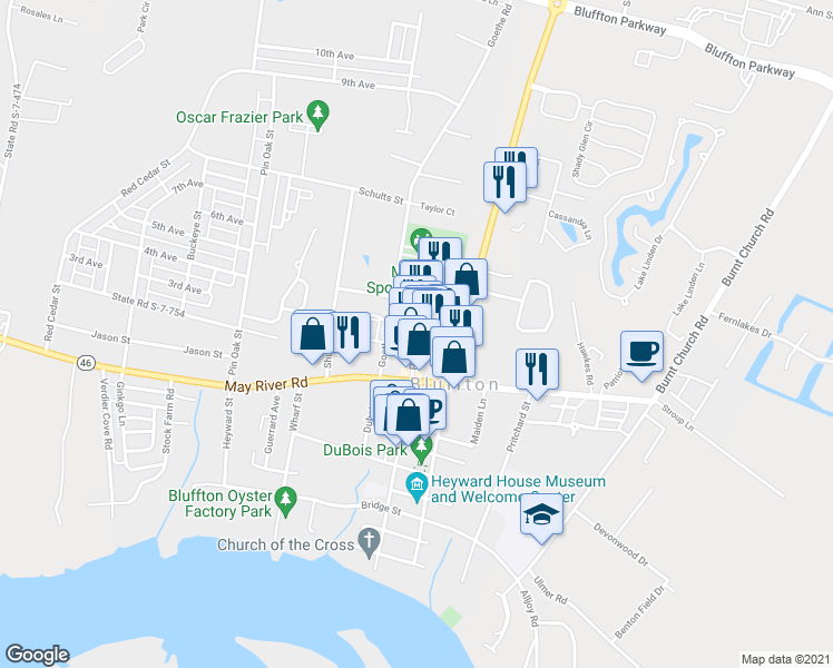 map of restaurants, bars, coffee shops, grocery stores, and more near 23 Promenade Street in Bluffton