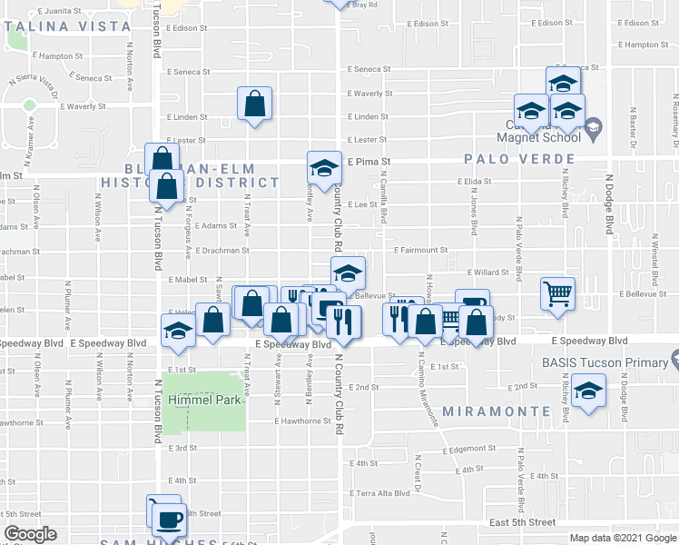 map of restaurants, bars, coffee shops, grocery stores, and more near 1368 North Country Club Road in Tucson