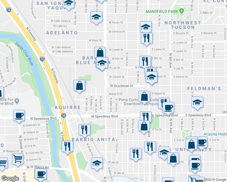 map of restaurants, bars, coffee shops, grocery stores, and more near 333 West Drachman Street in Tucson