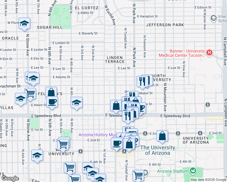 map of restaurants, bars, coffee shops, grocery stores, and more near 1315 North Euclid Avenue in Tucson