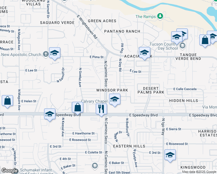map of restaurants, bars, coffee shops, grocery stores, and more near 8701 East Placita Playa Avenue in Tucson