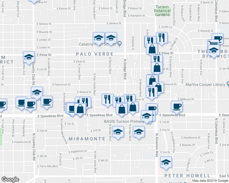 map of restaurants, bars, coffee shops, grocery stores, and more near 1320 North Richey Boulevard in Tucson