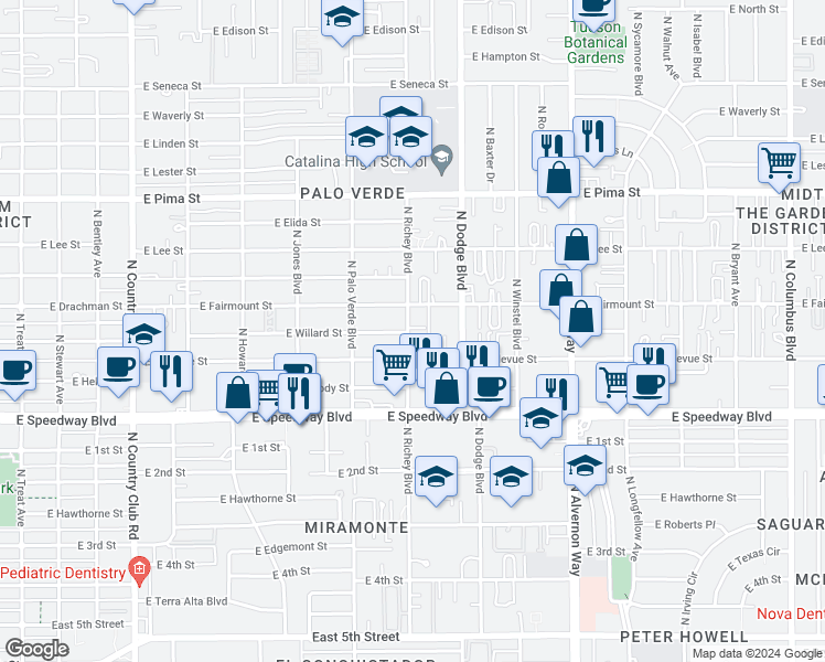 map of restaurants, bars, coffee shops, grocery stores, and more near 1320 North Richey Boulevard in Tucson