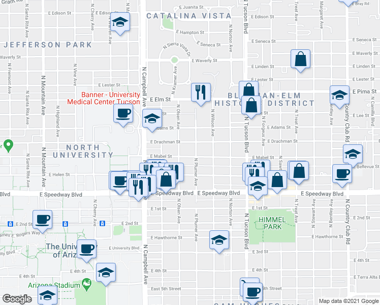 map of restaurants, bars, coffee shops, grocery stores, and more near 2140 East Drachman Street in Tucson