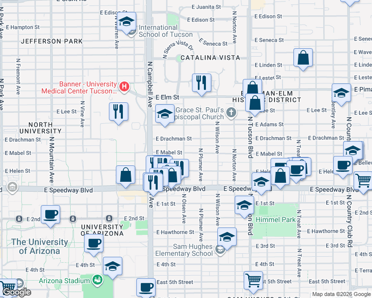 map of restaurants, bars, coffee shops, grocery stores, and more near 2044 East Drachman Street in Tucson