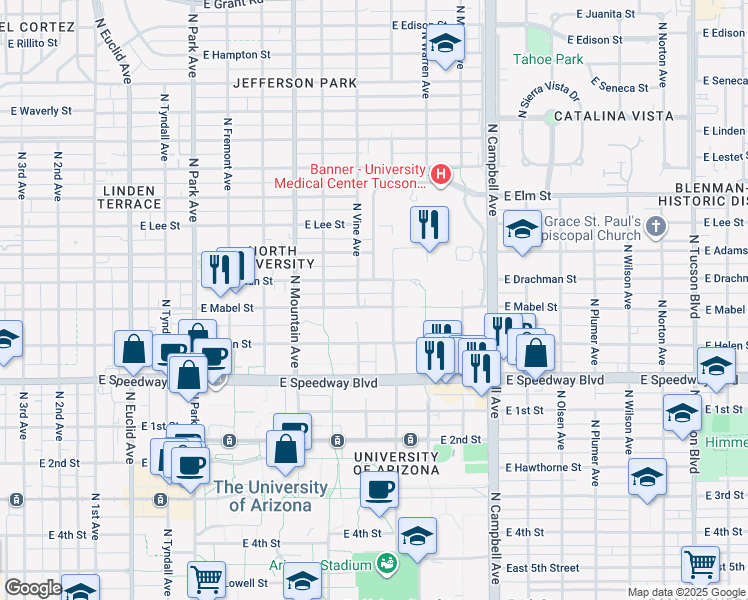 map of restaurants, bars, coffee shops, grocery stores, and more near 1528 East Drachman Street in Tucson