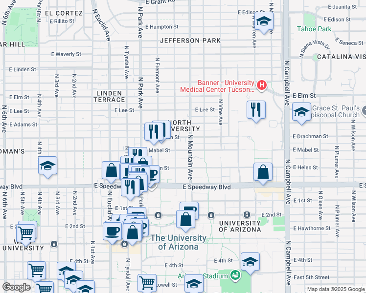 map of restaurants, bars, coffee shops, grocery stores, and more near 1208 East Drachman Street in Tucson