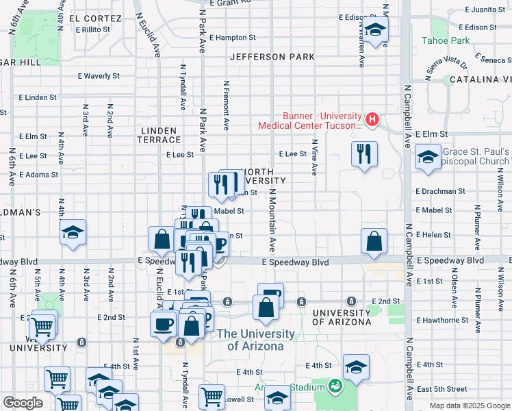 map of restaurants, bars, coffee shops, grocery stores, and more near 1208 East Drachman Street in Tucson