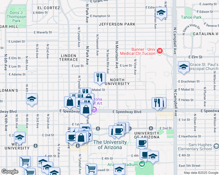 map of restaurants, bars, coffee shops, grocery stores, and more near 1208 East Drachman Street in Tucson