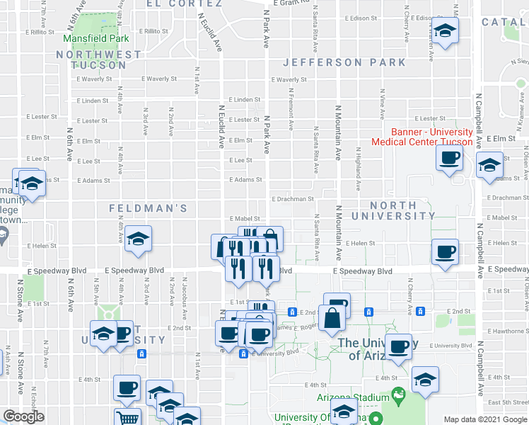 map of restaurants, bars, coffee shops, grocery stores, and more near 1330 North Park Avenue in Tucson