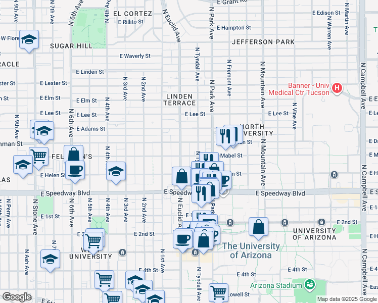 map of restaurants, bars, coffee shops, grocery stores, and more near in Tucson