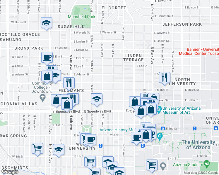 map of restaurants, bars, coffee shops, grocery stores, and more near 1336 North 2nd Avenue in Tucson