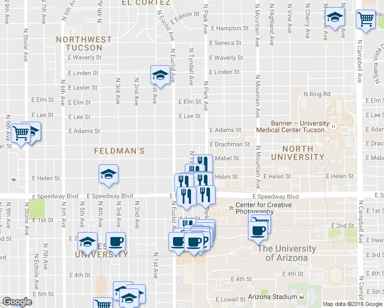 map of restaurants, bars, coffee shops, grocery stores, and more near 1338 North Tyndall Avenue in Tucson