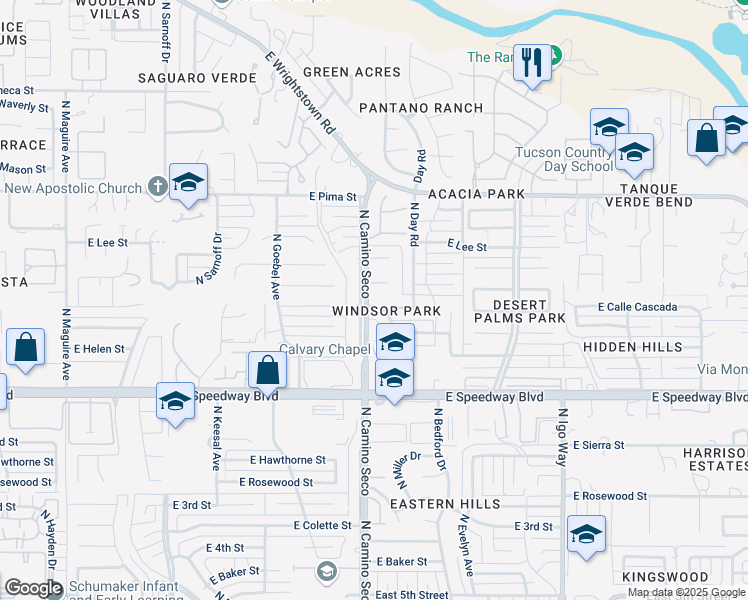 map of restaurants, bars, coffee shops, grocery stores, and more near 8701 East Placita Playa Avenue in Tucson
