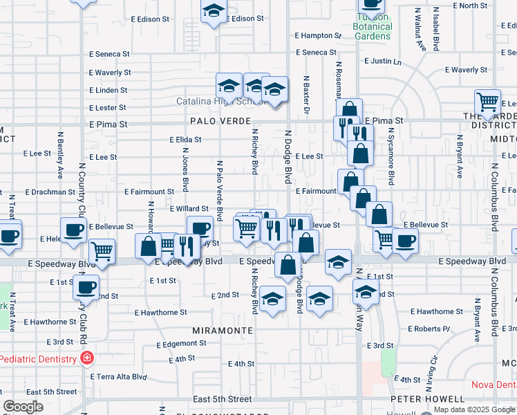 map of restaurants, bars, coffee shops, grocery stores, and more near 1320 North Richey Boulevard in Tucson