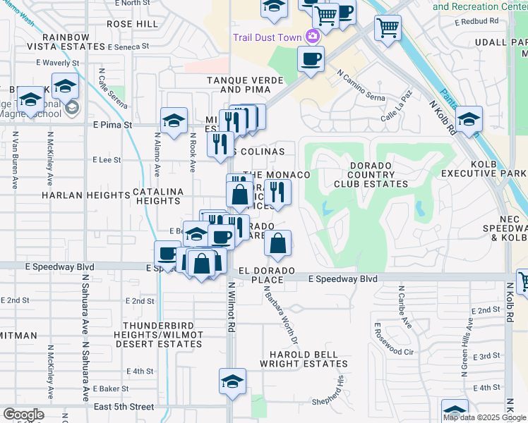 map of restaurants, bars, coffee shops, grocery stores, and more near 1200 North El Dorado Place in Tucson