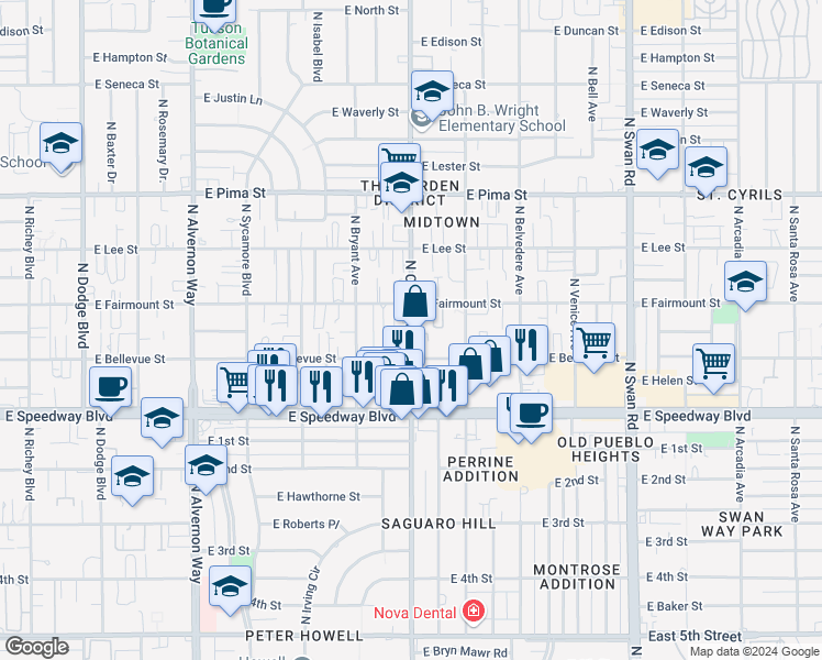 map of restaurants, bars, coffee shops, grocery stores, and more near 1305 North Columbus Boulevard in Tucson