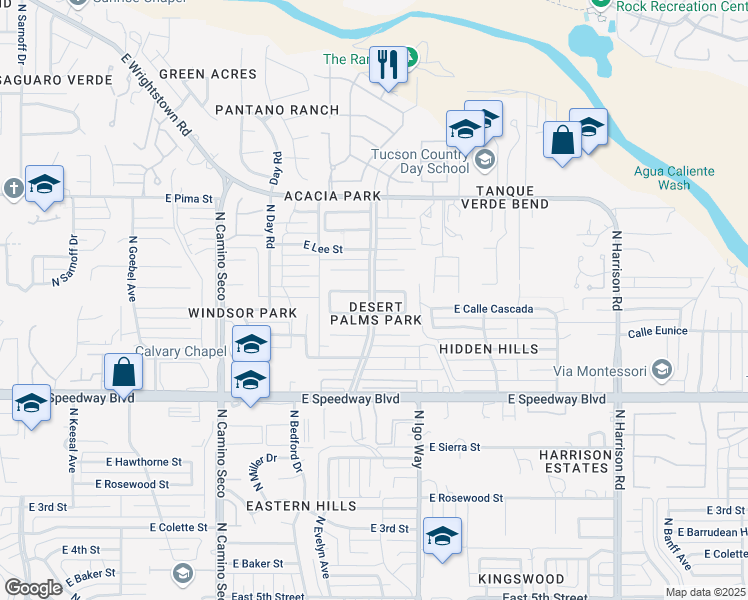 map of restaurants, bars, coffee shops, grocery stores, and more near 8973 East Calle Playa in Tucson