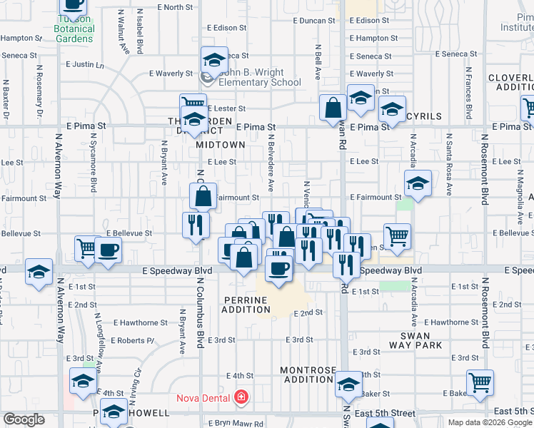 map of restaurants, bars, coffee shops, grocery stores, and more near 4508 East Fairmount Street in Tucson