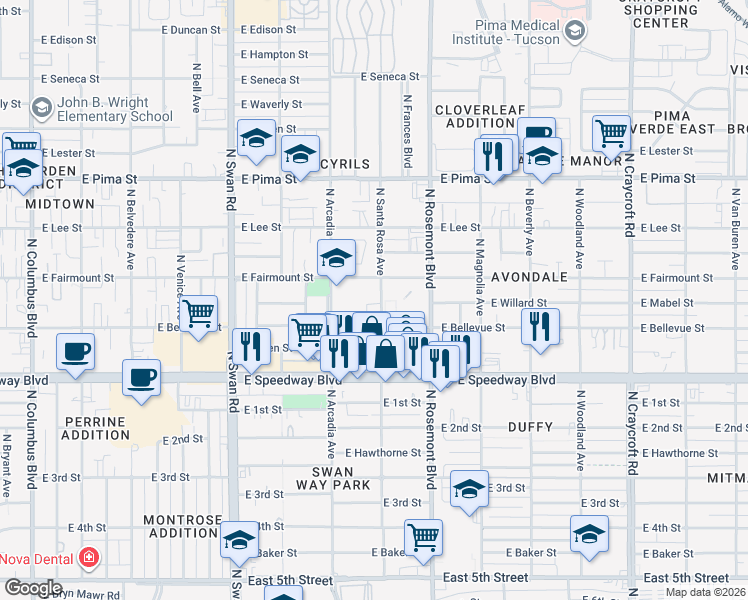 map of restaurants, bars, coffee shops, grocery stores, and more near 1350 North Santa Rosa Avenue in Tucson