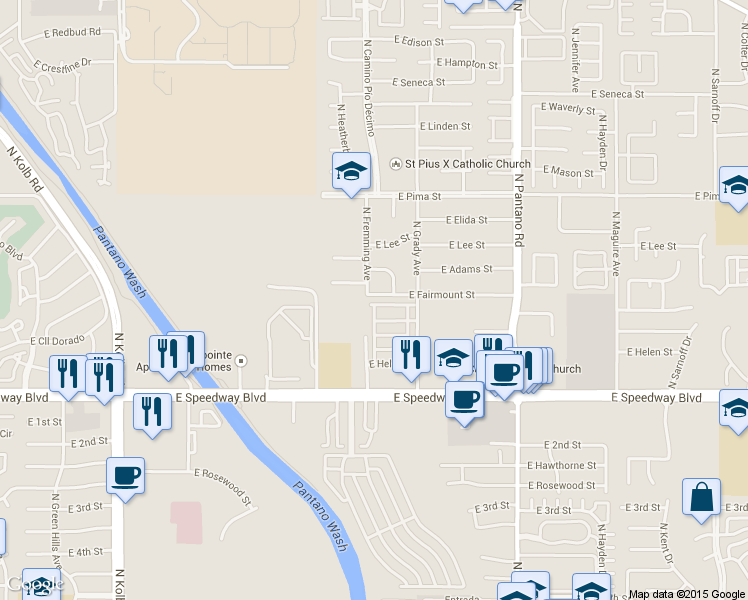 map of restaurants, bars, coffee shops, grocery stores, and more near 7570 East Fairmount Place in Tucson