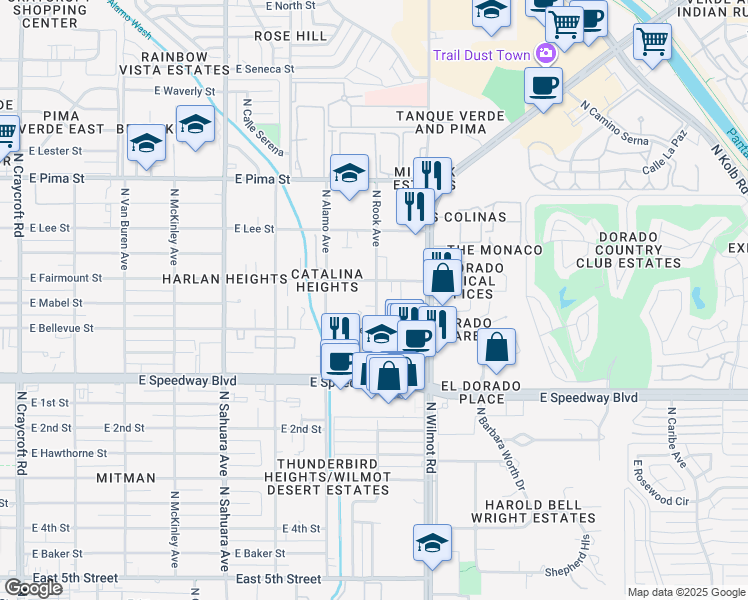 map of restaurants, bars, coffee shops, grocery stores, and more near 6190 East Fairmount Street in Tucson
