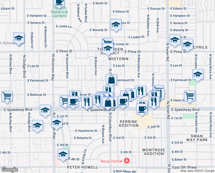 map of restaurants, bars, coffee shops, grocery stores, and more near 4302 East Fairmount Street in Tucson