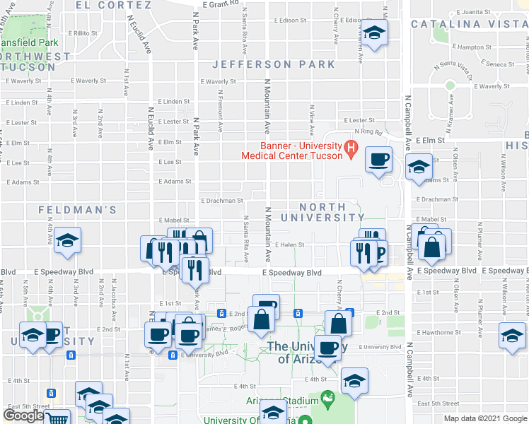 map of restaurants, bars, coffee shops, grocery stores, and more near in Tucson