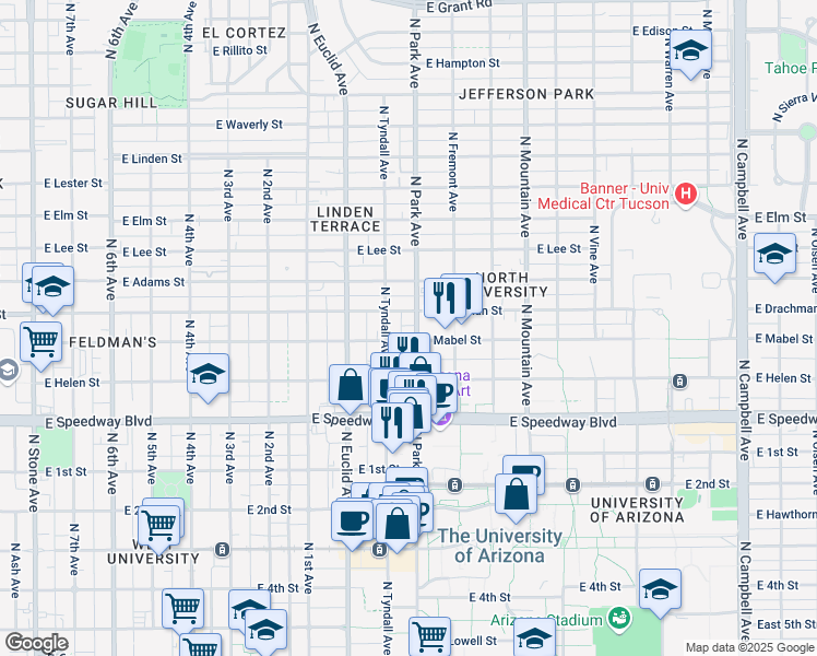 map of restaurants, bars, coffee shops, grocery stores, and more near 1330 North Park Avenue in Tucson