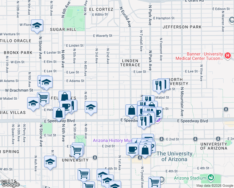 map of restaurants, bars, coffee shops, grocery stores, and more near 1340 North 1st Avenue in Tucson