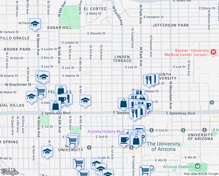 map of restaurants, bars, coffee shops, grocery stores, and more near 1340 North 1st Avenue in Tucson