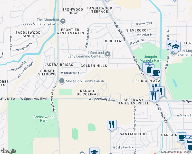map of restaurants, bars, coffee shops, grocery stores, and more near 1402 North Thunder Ridge Drive in Tucson