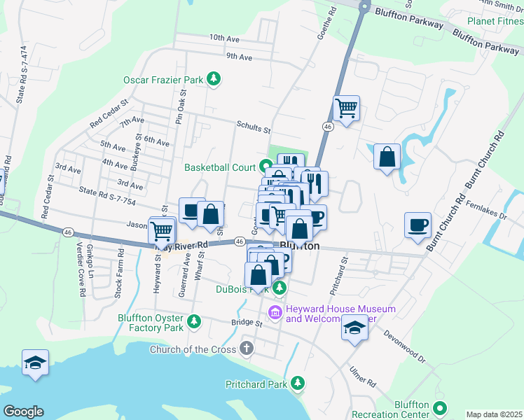 map of restaurants, bars, coffee shops, grocery stores, and more near 23 Promenade Street in Bluffton