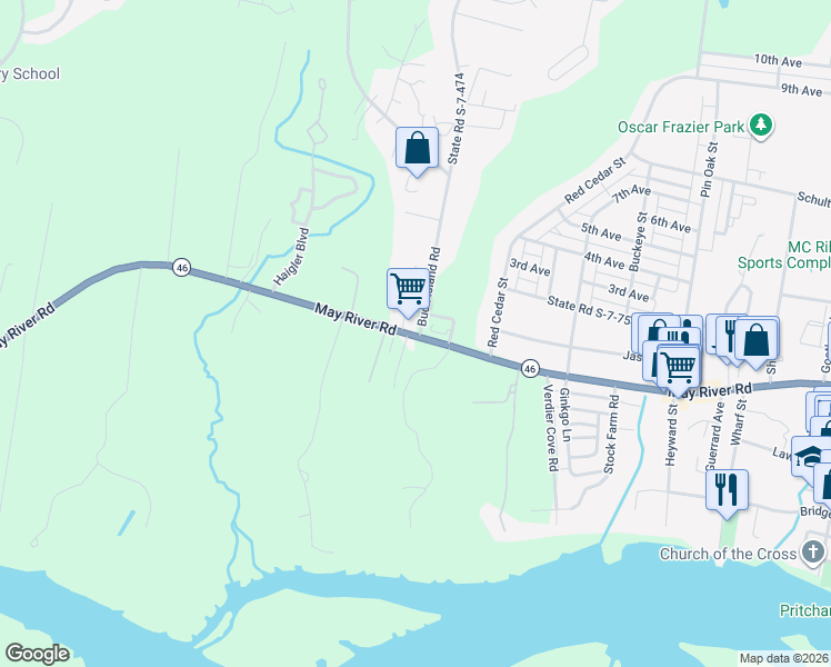 map of restaurants, bars, coffee shops, grocery stores, and more near 393-399 State Road S-7-29 in Bluffton