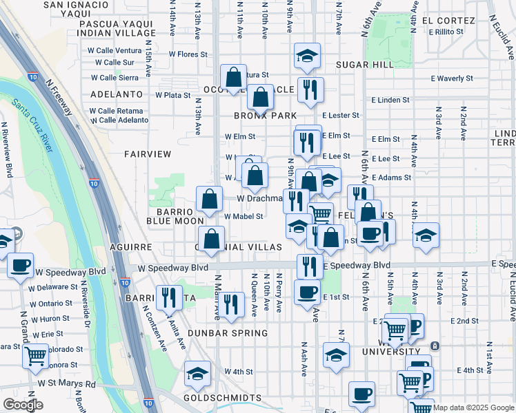 map of restaurants, bars, coffee shops, grocery stores, and more near 225 West Drachman Street in Tucson
