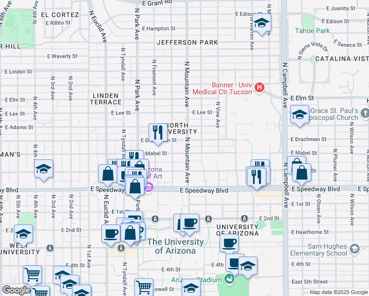 map of restaurants, bars, coffee shops, grocery stores, and more near 1315 North Mountain Avenue in Tucson