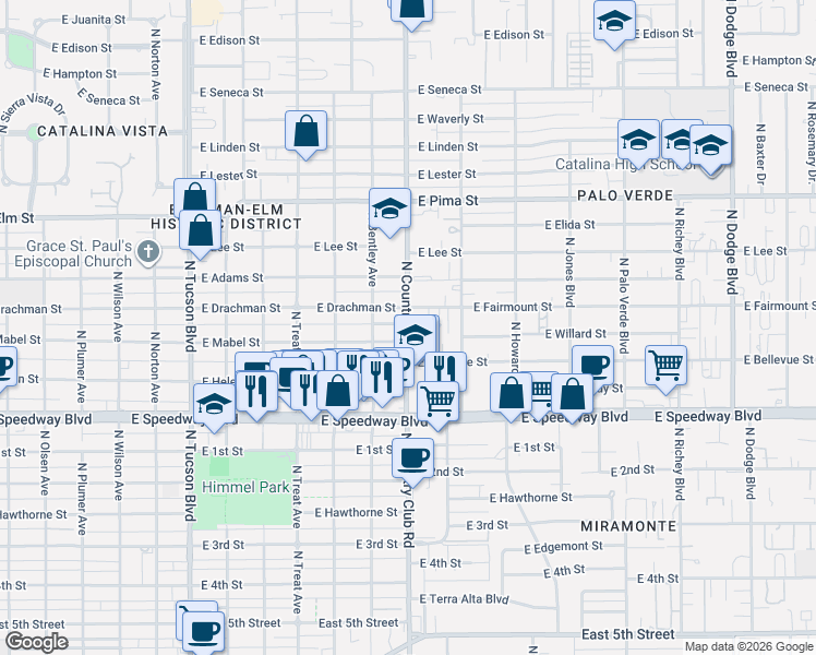 map of restaurants, bars, coffee shops, grocery stores, and more near 1368 North Country Club Road in Tucson