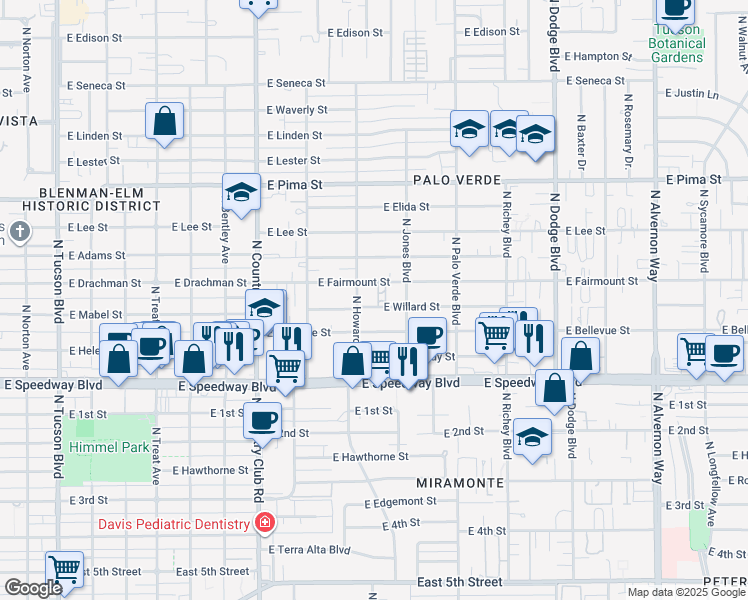 map of restaurants, bars, coffee shops, grocery stores, and more near 3319 East Willard Street in Tucson