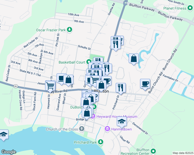 map of restaurants, bars, coffee shops, grocery stores, and more near 14 Promenade Street in Bluffton
