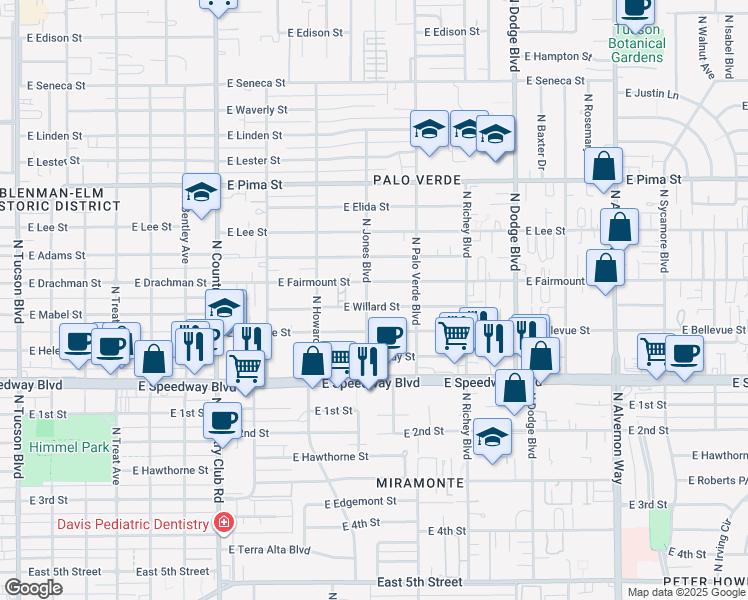 map of restaurants, bars, coffee shops, grocery stores, and more near 1322 North Jones Boulevard in Tucson