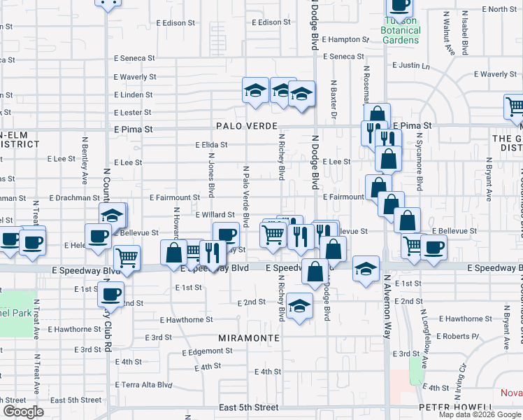 map of restaurants, bars, coffee shops, grocery stores, and more near 3520 East Fairmount Street in Tucson