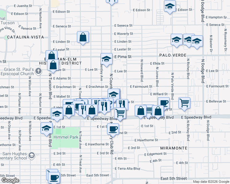 map of restaurants, bars, coffee shops, grocery stores, and more near 1372 North Country Club Road in Tucson