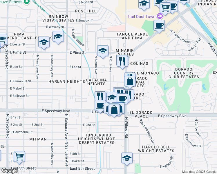 map of restaurants, bars, coffee shops, grocery stores, and more near 6190 East Fairmount Street in Tucson